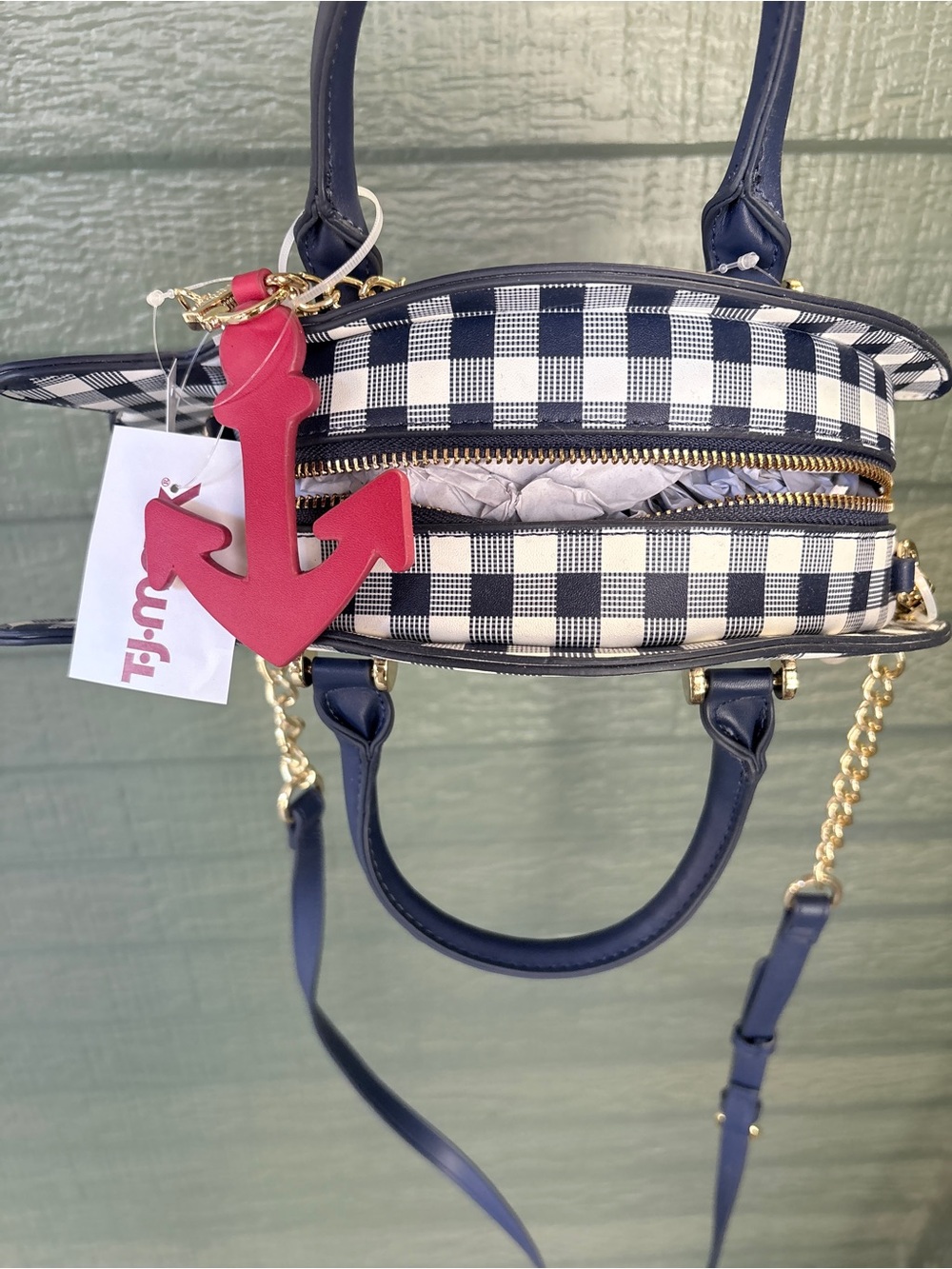 Betsey Johnson Navy and White Gingham Fish Crossbody Bag - Picture 4 of 4